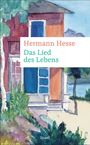 Texte: Hermann Hesse, Das Lied des Lebens, Insel. Aquarell eines roten Hauses mit blauen Fenstern und Bäumen.