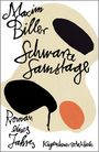 Text: Maxim Biller, Schwarze Samstage, Roman eines Jahres. Beige Hintergrund, schwarze und orange Formen.
