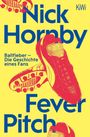 "Nick Hornby, Ballfieber – Die Geschichte eines Fans, Fever Pitch." Illustration mit roten Fußballschuhen auf gelbem Hintergrund.
