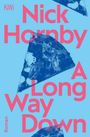 Text: "Nick Hornby, A Long Way Down, Roman, KiWi." Blaues Cover mit stilisierten Pizzastücken in Blau.