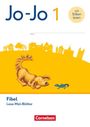 "Jo-Jo 1", "mit Silben lesen", "Name", "Fibel", "Lese-Mal-Blätter", "Cornelsen". Illustration: Hund beobachtet Eidechse vor Stadtkulisse.