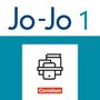 Text: "Jo-Jo 1" und "Cornelsen". Illustration: Bücher und ein moderner Schreibtisch in minimalistischer Linienführung.