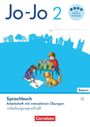 Text: "Jo-Jo 2", "Sprachbuch", "Bayern", "Cornelsen". Illustration von Kindern bei Aktivitäten, Hund, Stadtumrisse im Hintergrund.