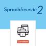 „Sprachfreunde 2“ in Blau, darunter das Cornelsen-Logo, Schwarz-Weiß-Illustration von Büchern und Tablet.