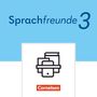 Text: "Sprachfreunde 3" und "Cornelsen". Eine stilisierte Illustration von Büchern und einem Tintenfass.