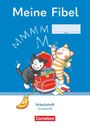 "Meine Fibel", "Name", "Arbeitsheft Grundschrift", "Cornelsen"; zwei Katzen spielen mit Schulmaterial vor einem blauen Hintergrund.