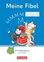 "Meine Fibel," Namefeld, "MMMM," "Schreiblehrgang Grundschrift," "Cornelsen." Zwei fröhliche Katzen packen Schultasche.