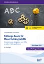 Titel: "Prüfungs-Coach für Steuerfachangestellte". Tafel mit ABC, Zahnrädern, Fragezeichen und einer gelben Papierkugel als Idee.