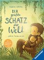 "Der größte Schatz der Welt" steht im Zentrum. Darunter Illustration eines kuschelnden Affenpaares, umgeben von Pflanzen.
