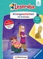"Krimigeschichten für Erstleser", Illustration mit zwei Kindern, eines mit Lupe, eines mit Taschenlampe, und einem Fenster.