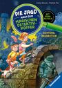 "DIE JAGD NACH DEM MAGISCHEN DETEKTIV-KOFFER, ACHTUNG, RAUBRITTER!" Zwei Kinder mit Hund und Katze vor einer Burg.