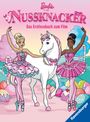 "Barbie in der Nussknacker", zwei Tänzerinnen in pinken Kostümen mit Einhorn, Süßigkeiten im Hintergrund. Ravensburger Logo.