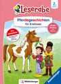 "Pferdegeschichten für Erstleser", Illustration mit Kindern, die ein Pferd füttern. "Leserabe", "2. Klasse", "Ravensburger".