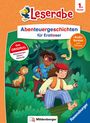 "Abenteuergeschichten für Erstleser" steht auf einem bunten Cover mit Kindern und einem Affen im Dschungel.
