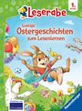 „Lustige Ostergeschichten zum Lesenlernen“, Illustration mit einem fröhlichen Hasen, Luftballons, Ostereiern und Blumen.