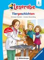 "Leserabe. Tiergeschichten. Vanessa Walder, Carola Sieverding. Das Original. Mildenberger Silben-Methode." Illustration einer Tierärztin mit Hund und Kindern.