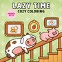 "LAZY TIME COZY COLORING" zeigt eine Illustration mit einer Kuh und einem Schwein auf einer Treppe, Bilderrahmen an der Wand.