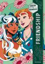 Texte: "COLOR by NUMBERS", "FRIENDSHIP". Illustration von zwei lächelnden Personen umgeben von Blumen.