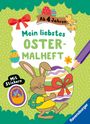 „Mein liebstes Ostermalheft. Ab 4 Jahren. Mit Stickern.“ Hase trägt verziertes Ei mit Schleife, bunt und fröhlich.