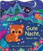 "Gute Nacht, kleiner Bär! Meine erste Vorlese-Geschichte. Ein niedlicher Bär mit bunten Pflanzen, unter klarem Sternenhimmel."