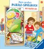 "Mein großes PUZZLE-SPIELBUCH. Wir kaufen ein." Zwei Kinder beim Einkaufen mit einem Einkaufswagen voller Lebensmittel.