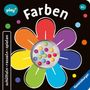 Text: "Farben", "schütteln • rasseln • spielen", "play", "6m+", "Ravensburger". 
Abbildung einer bunten Blume mit Kugeln in der Mitte.