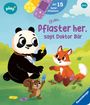 "Bitte Pflaster her, sagt Doktor Bär" in lila. Ein Panda mit Pflastern, ein verletzter Fuchs und ein Chipmunk auf einer Wiese.
