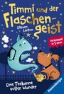 Titel: "Timmi und der Flaschengeist". Ein blauer Geist und ein Hund, Sternenhimmel, Teekanne, verspielter Stil.