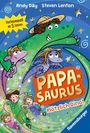 Vorlesespaß ab 5 Jahren. PAPA-SAURUS Plötzlich Dino! Bunte Illustration mit fröhlichen Dinos, Menschen und Sternen.