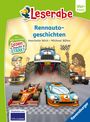 "Leserabe: Rennauto-Geschichten. Mit Wörterliste. Henrette Wich, Michael Böhm. Illustration mit Rennwagen."