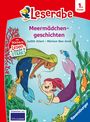 "Leserabe, Meer-mädchengeschichten, 1. Klasse. Mit Stickern." Zwei fröhliche Meerjungfrauen, bunte Fische und Korallen.