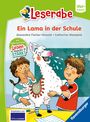 „Leserabe: Lala, das labernde Lama.“ Zwei lachende Kinder und ein fröhliches Lama in farbenfroher Illustration.