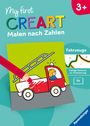 "My first CREART Malen nach Zahlen, Fahrzeuge, 3+. Zeichnung eines Feuerwehrautos, Buntstift und farbige Konturen."