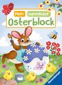 "Mein superdicker Osterblock" steht oben. Ein fröhlicher Hase bemalt ein großes Ei, umgeben von Küken und Blumen.