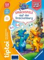 "Sprachspiele auf der Drachenburg" - Zwei bunte Drachen vor einem fantasievollen Schloss.