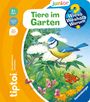 "Tiere im Garten" mit einem bunten Vogel und Schmetterling mitten in blühenden Pflanzen. Ein kinderfreundliches Design.