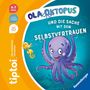 "Ola Krake und die Sache mit dem Selbstvertrauen. Illustration eines fröhlichen lila Oktopus mit gelbem Seepferdchen."