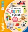 "Ich entdecke ERSTE WÖRTER" steht in bunten Farben. Bilder: Katze, Auto, Flasche, Kamm, Bauklötze, Bär, Ball, Erdbeere, Schuhe, Schaufel.