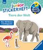 „Wieso Weshalb Warum“ auf Erdkugel, „Über 150 Sticker + Ausklappseite“. Elefant, Flamingo, Erdmännchen vor Landschaft. Ravensburger.