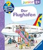„Der Flughafen“ und „junior 2+“. Illustration eines Flugzeugs mit Menschen, die einsteigen.