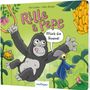 Text: "Rille & Pepe", "Pflück die Banane!". Illustration: Ein fröhlicher Gorilla und ein blauer Vogel im Dschungel.