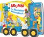 Text: BRUMM - Mein Baustellen Wimmelbuch. Illustration: Bauarbeiter in verschiedenen Tätigkeiten auf einem Lastwagen.