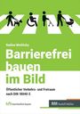 "Bau Barrierefrei im Bild" von Nadine Metlitzky. Fokus: öffentlicher Raum DIN 18040-3. Symbolik: Menschen, Rollstuhl, Blindenstock.