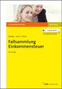 Text: "Fallsammlung Einkommensteuer, 28. Auflage." Oben rechts ein bunter Button "Frag das Buch!" mit Hinweis auf KI-Recherche.