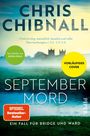 "SEPTEMBER MORD: Ein Fall für Bridge und Ward" ist in großen Buchstaben zu lesen. Nebeliges Feld mit Silhouette einer Kirche.