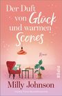 „Der Duft von Glück und warmen Scones.“ Illustration: Roter Sessel, Tisch mit Teetasse, Scones, Pflanze, Lampe.