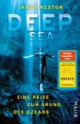 "DEEP SEA", "Eine Reise zum Grund des Ozeans", "SPIEGEL Bestseller-Autor". Taucherin in blauer Unterwasserhöhle.