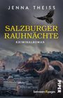 "Jenna Theiss. Salzburger Rauhnächte. Kriminalroman. Ein Rabe fliegt über eine verschneite Stadt mit Burg und Bergen."
