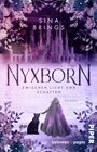"NYXBORN: Zwischen Licht und Schatten, Roman von Sina Brings. Illustration eines Schlosses, Blumen und einer Person mit Katze."