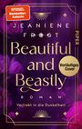 "Spiegel Bestseller-Autorin", "Beautiful and Beastly", "Vorläufiges Cover", lila Hintergrund mit goldenen Verzierungen.